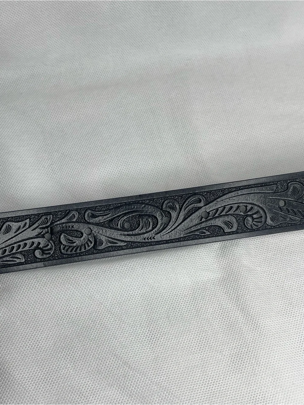Vintage Western Tooled Big Buckle Belt Size 34 Black Etched Leather Silver Gold